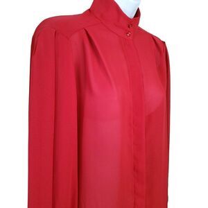 Vintage Sheer Red Secretary Blouse 12 Flowy Sleeves Mock Neck Bracelet Sleeves